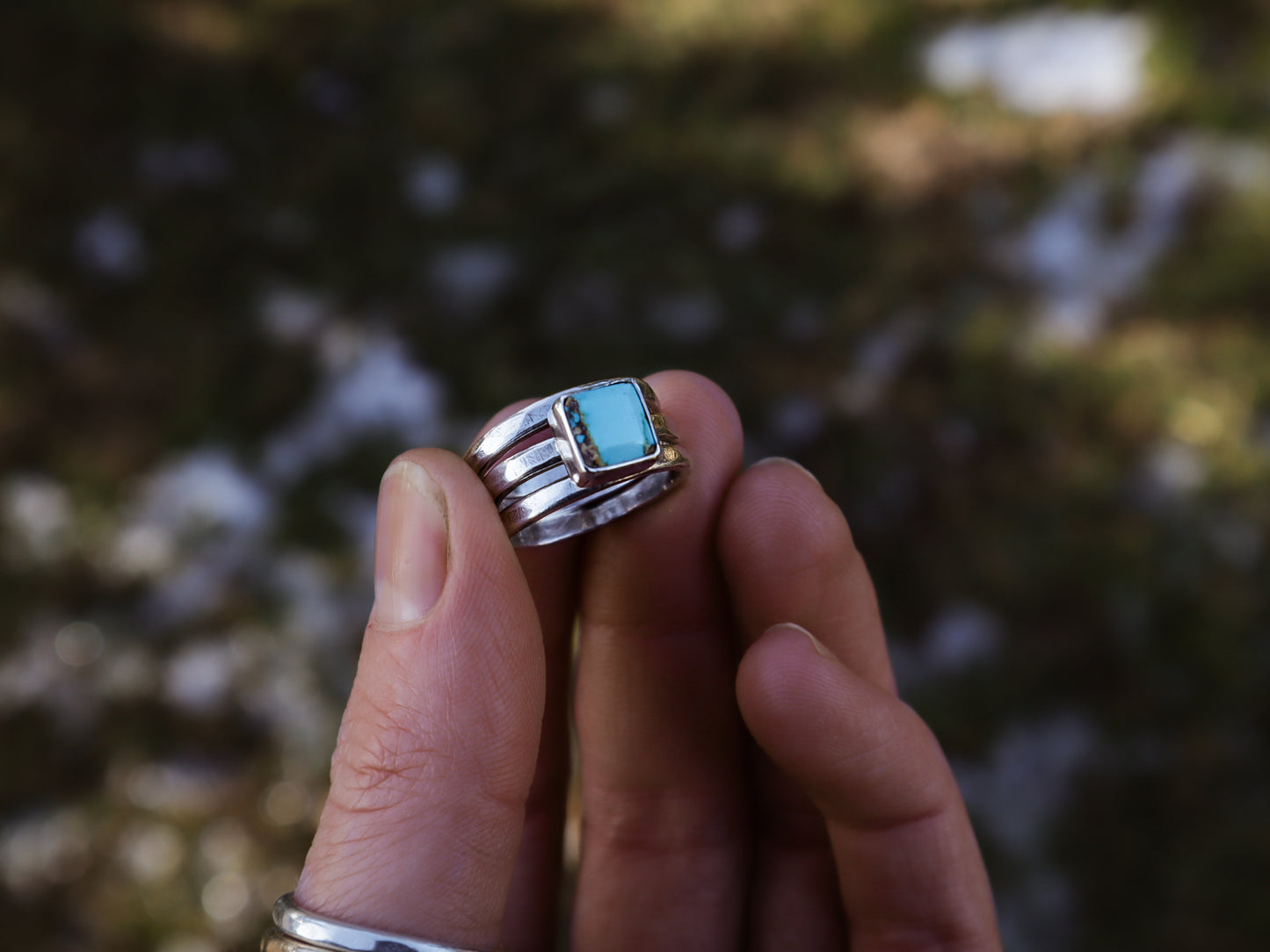 No. 8 Turquoise Hammered Ring Stack - Size K / 5.25